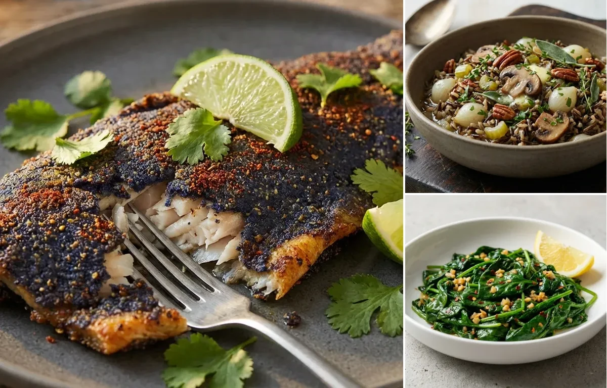 Blue Corn Crusted Trout with Herbed Wild Rice and Sauteed Spinach with Garlic