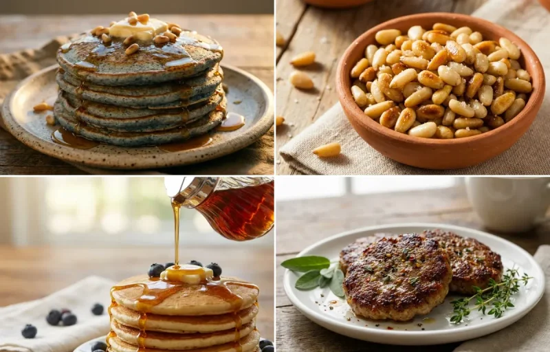 Blue Corn Pancakes with Roasted Piñon Nuts, Pancake Syrup and Breakfast Sausage Patties