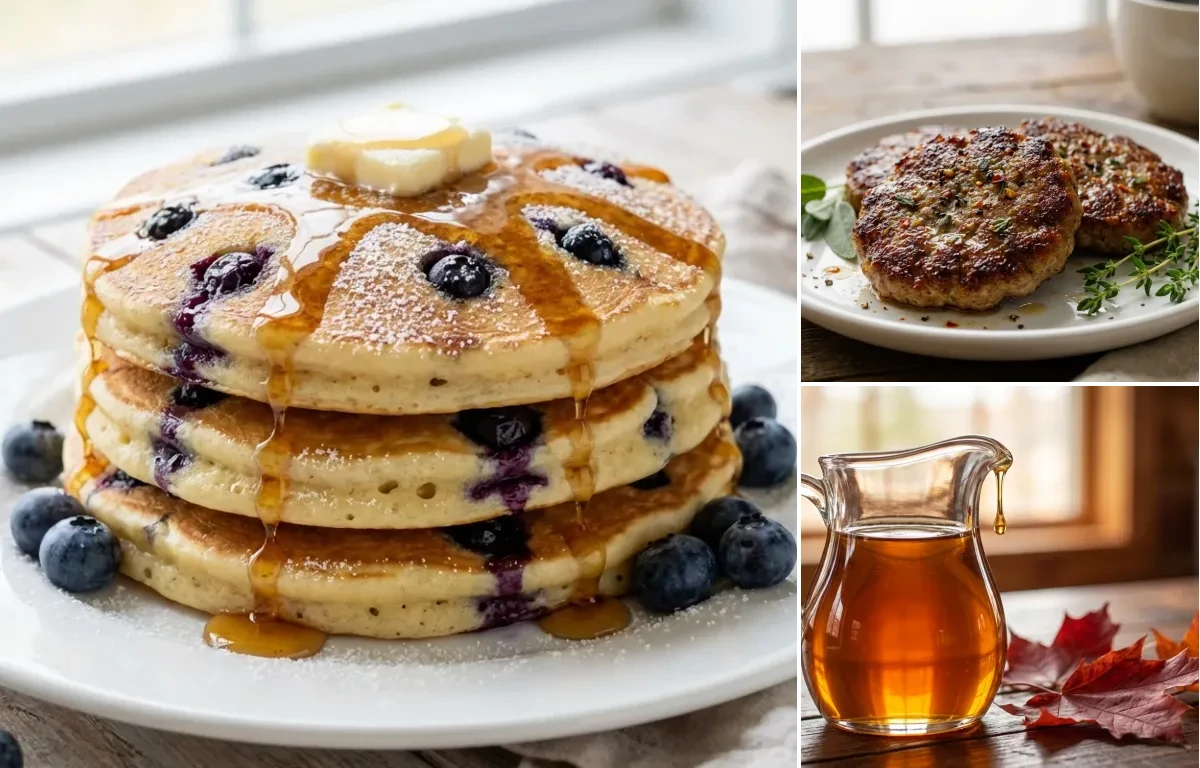 Blueberry Pancakes with Breakfast Sausage Patties and Maple Syrup