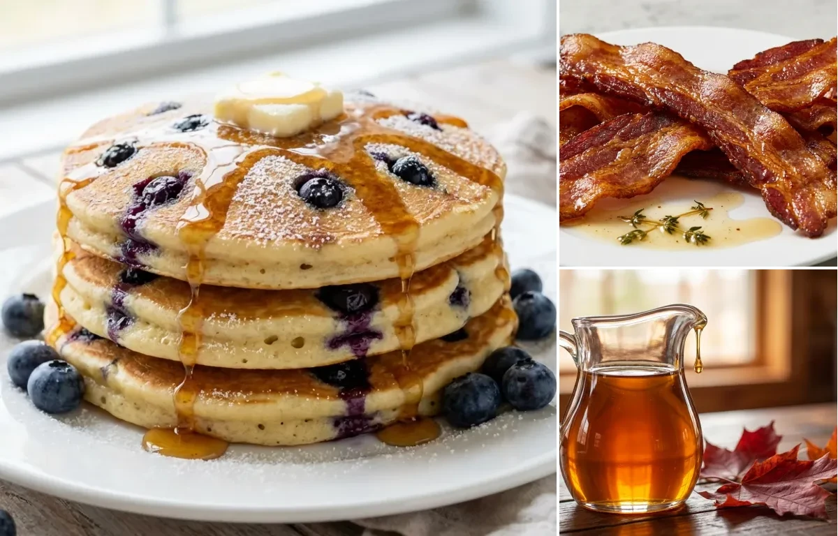 Blueberry Pancakes with Pan-Fried Bacon and Maple Syrup