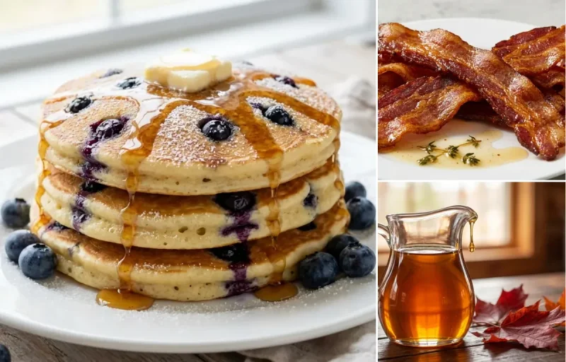Blueberry Pancakes with Pan-Fried Bacon and Maple Syrup