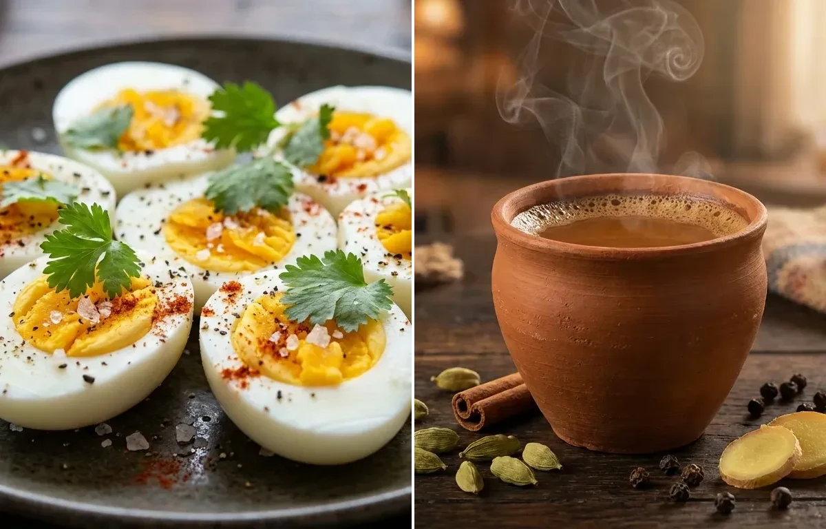 Boiled Egg with Apple with Masala Cha