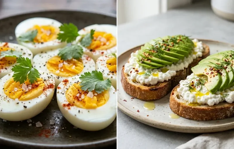 Boiled Egg with Beet Walnut Salad and Avocado Cottage Cheese Toast