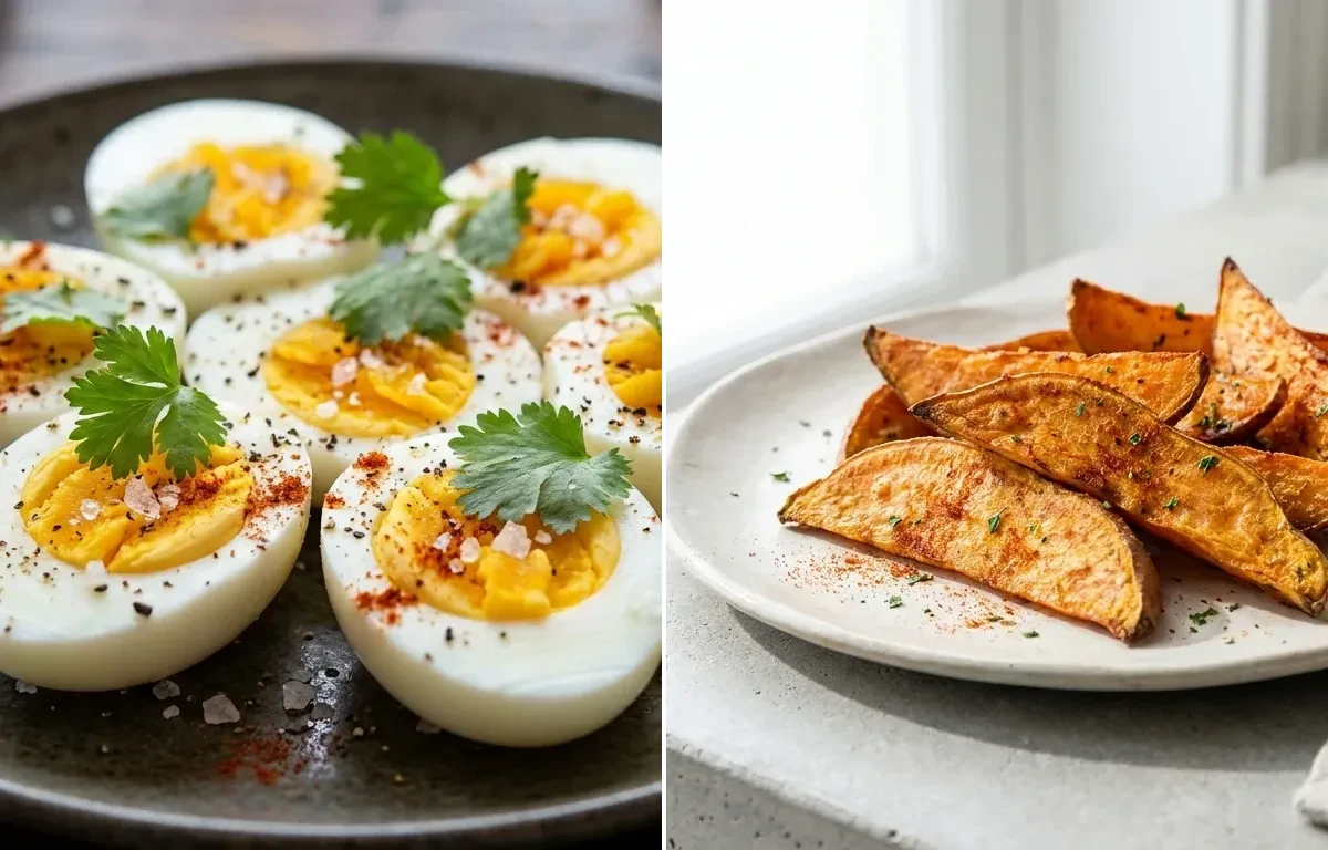 Boiled Egg with Vegan Sweet Potato Wedges Baked