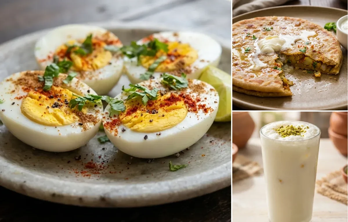 Boiled Eggs with Aloo Paratha and Sweet Lassi