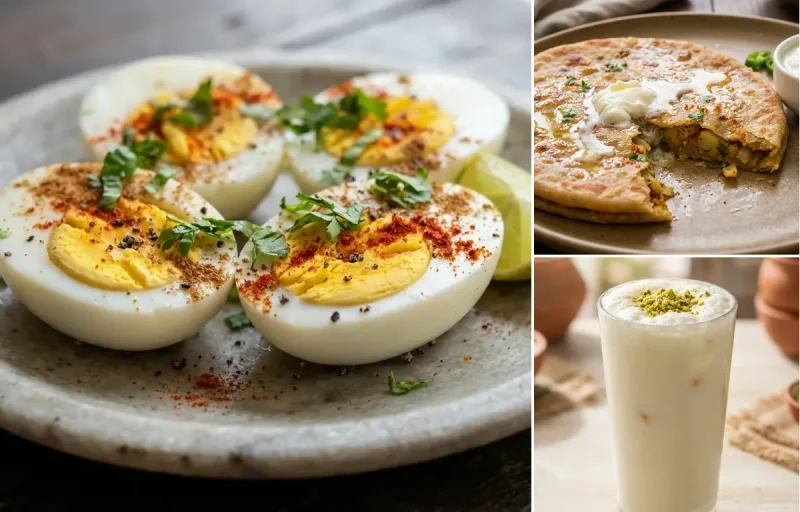 Boiled Eggs with Aloo Paratha and Sweet Lassi