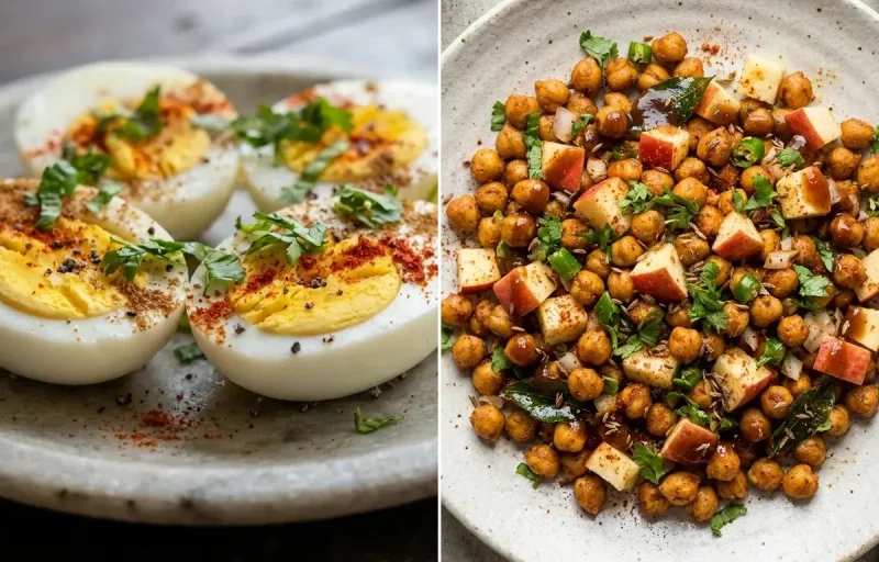 Boiled Eggs with Beet Walnut Salad and Roasted Chana With Apple