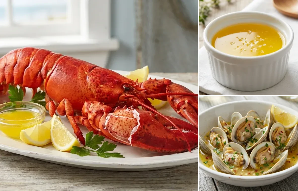 Boiled Lobster with Drawn Butter and Steamed Clams with Garlic and White Wine
