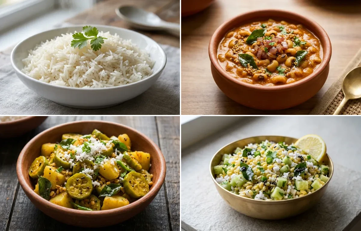 Boiled Rice with Alasande Gassi, Tendli Batata Upkari and Southekayi Kosambari