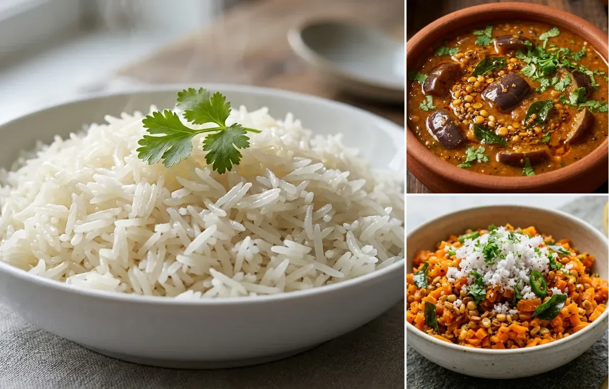 Boiled Rice with Badanekayi Huli and Carrot Palya