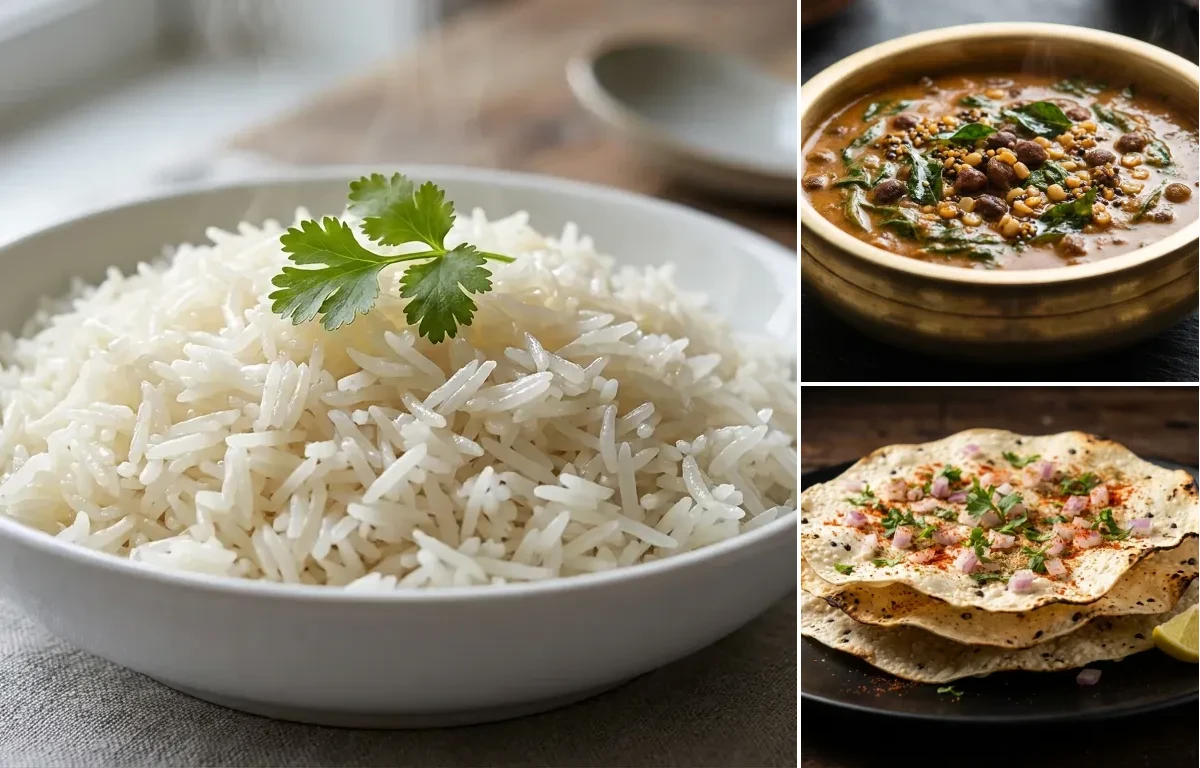 Boiled Rice with Basale Soppu Gassi and Urad Dal Papad