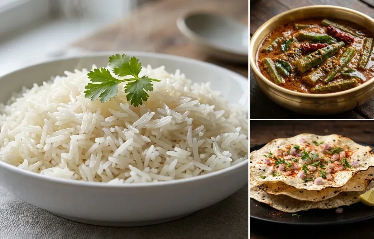 Boiled Rice with Bende Gassi and Urad Dal Papad