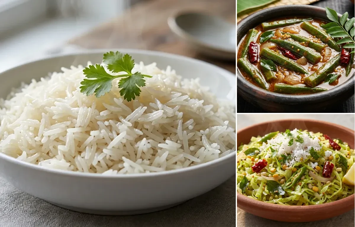 Boiled Rice with Bendi Puli Munchi and Cabbage Palya