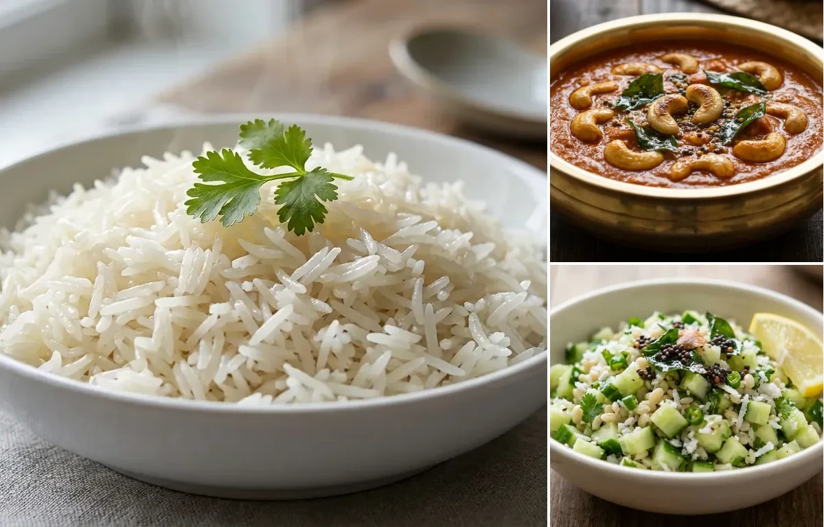 Boiled Rice with Girengi Gassi and Cucumber Kosambari