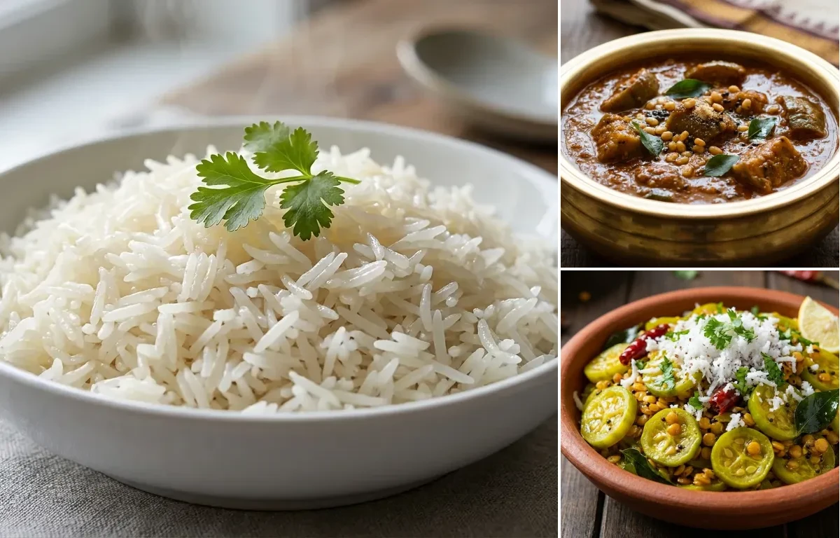 Boiled Rice with Gulla Bolu Huli and Thondekayi Palya