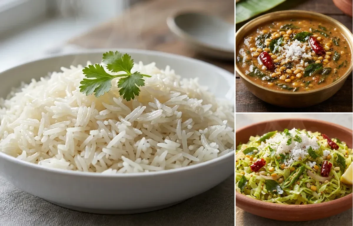 Boiled Rice with Harive Soppu Koddel and Cabbage Palya