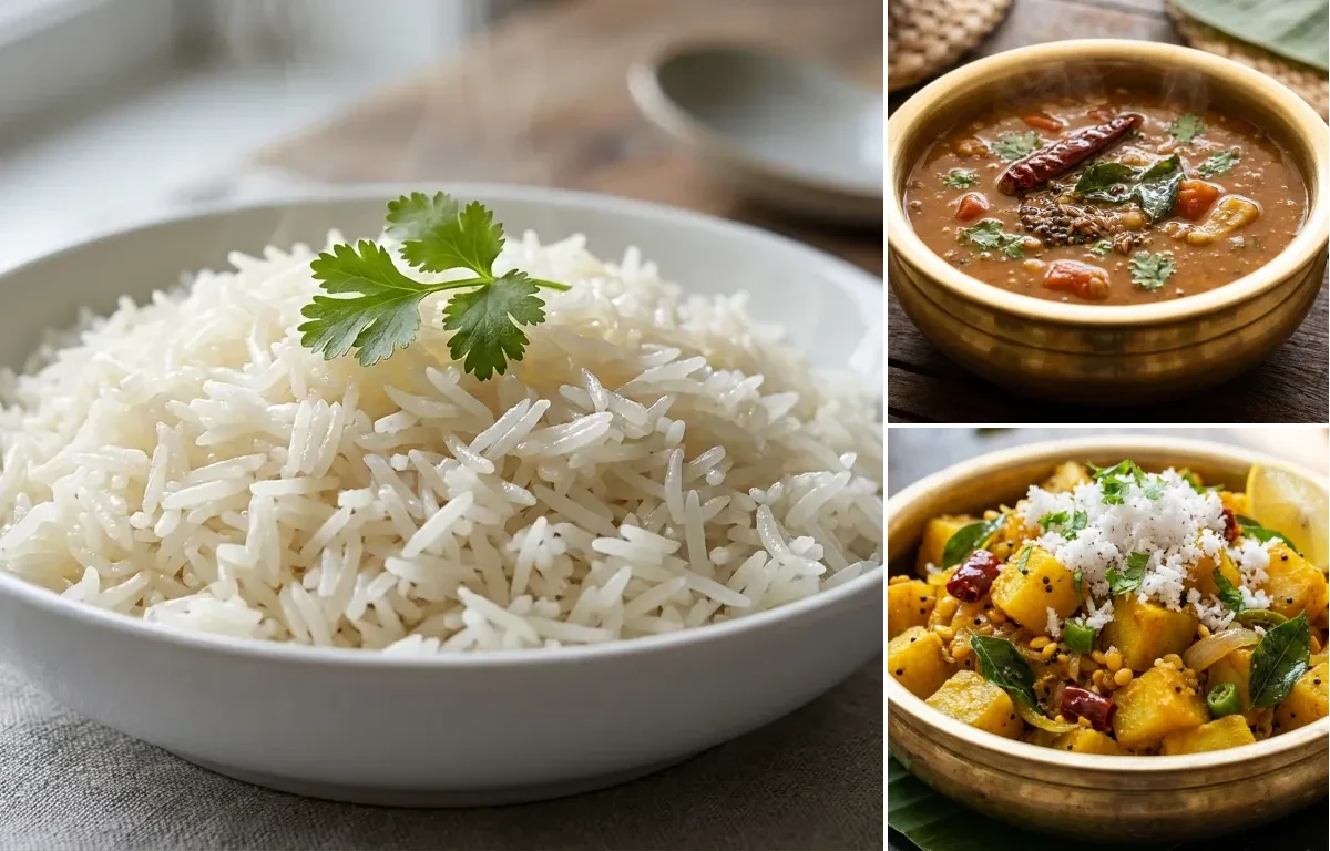 Boiled Rice with Hurali Saaru and Suvarnagadde Palya