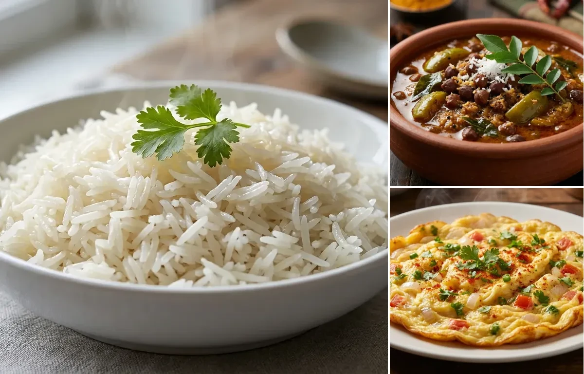 Boiled Rice with Kadale Manoli Curry and Masala Omelette
