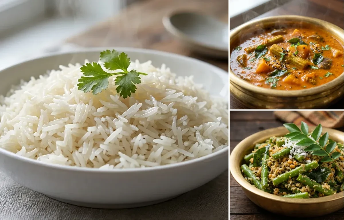 Boiled Rice with Kudla Sambar and French Beans Sukka
