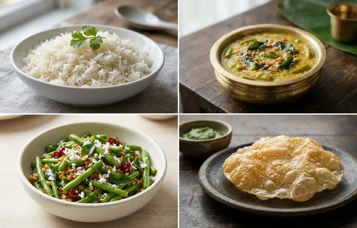 Boiled Rice with Moong Dal Koddel, Beans Upkari and Appalam