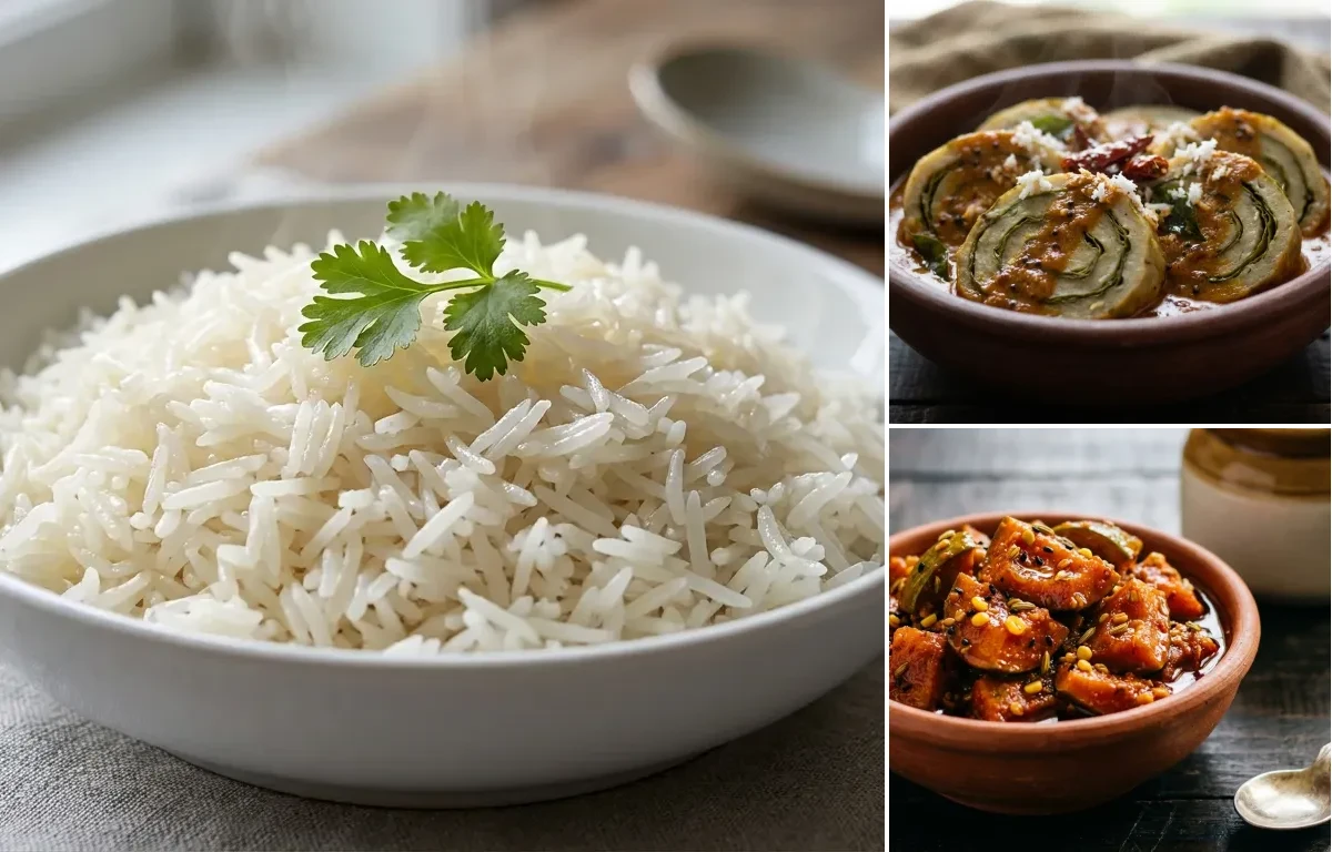 Boiled Rice with Pathrode Gasi and Mango Pickle