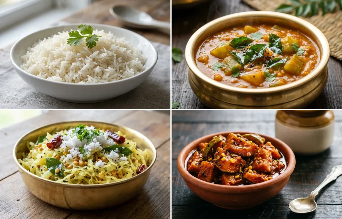 Boiled Rice with Sambar Southe Gassi, Cabbage Upkari and Mango Pickle