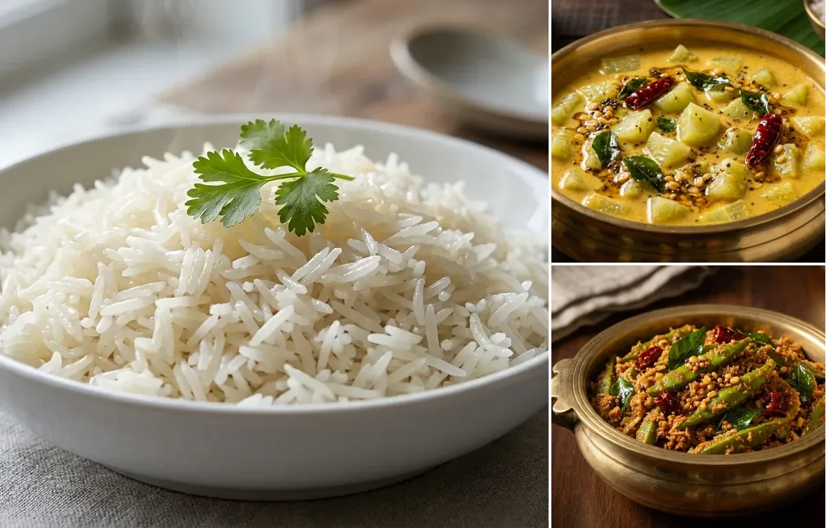 Boiled Rice with Southekai Koddel and Manoli Sukka