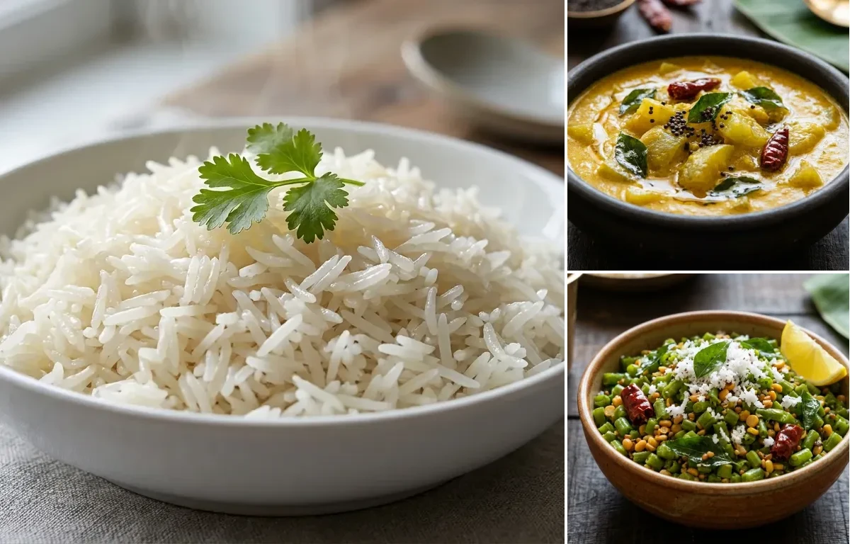 Boiled Rice with Southekayi Gassi and Beans Palya
