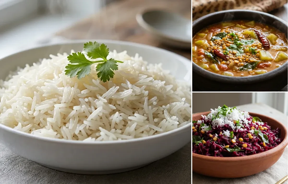 Boiled Rice with Southekayi Sambar and Beetroot Palya