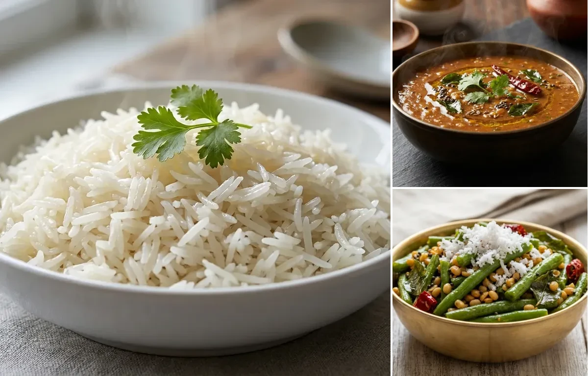 Boiled Rice with Thogari Bele Saaru and Long Beans Upkari