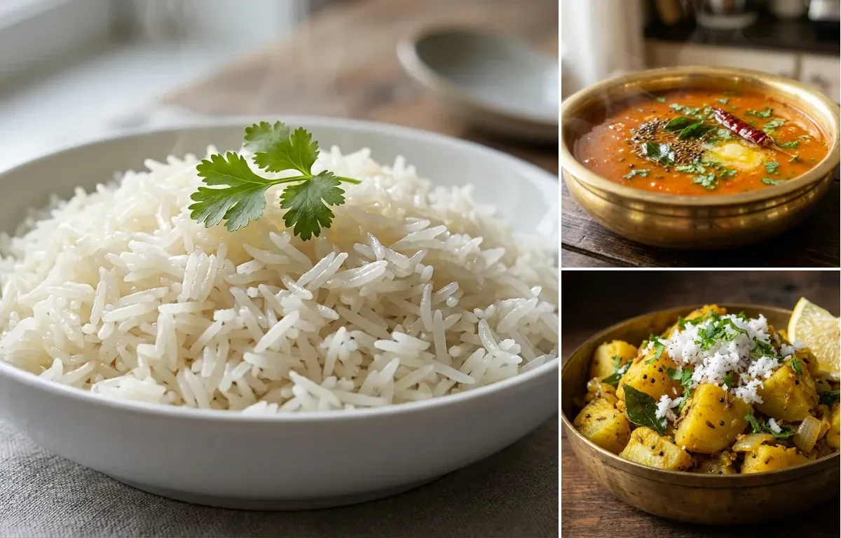 Boiled Rice with Tomato Saaru and Batate Sukkha