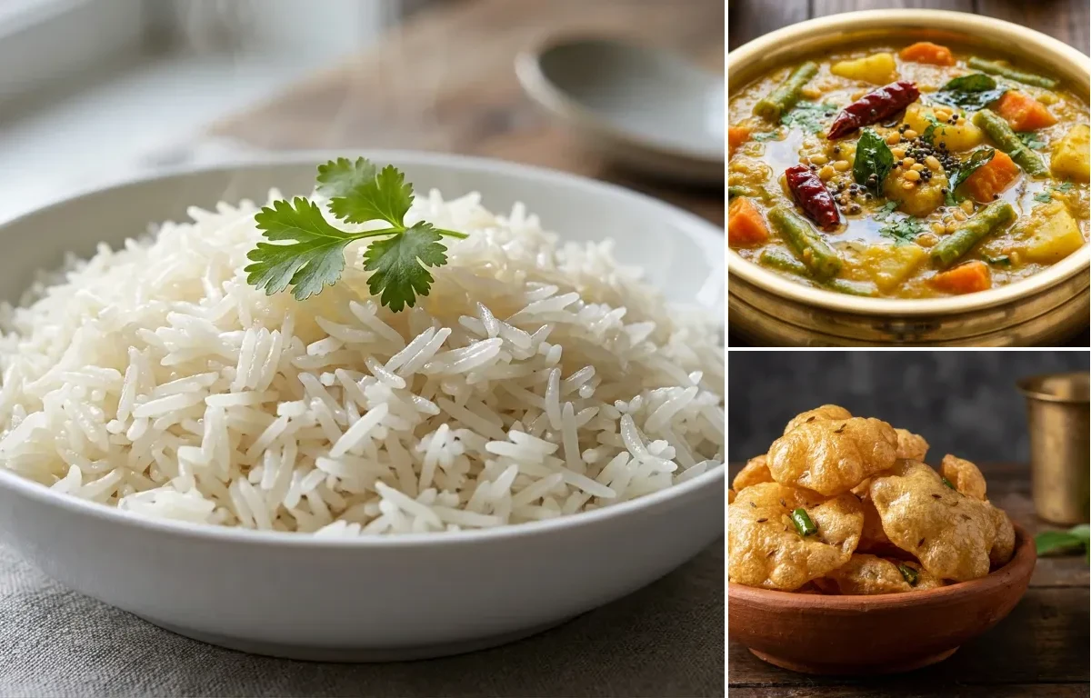 Boiled Rice with Vegetable Koddel and Aralu Sandige