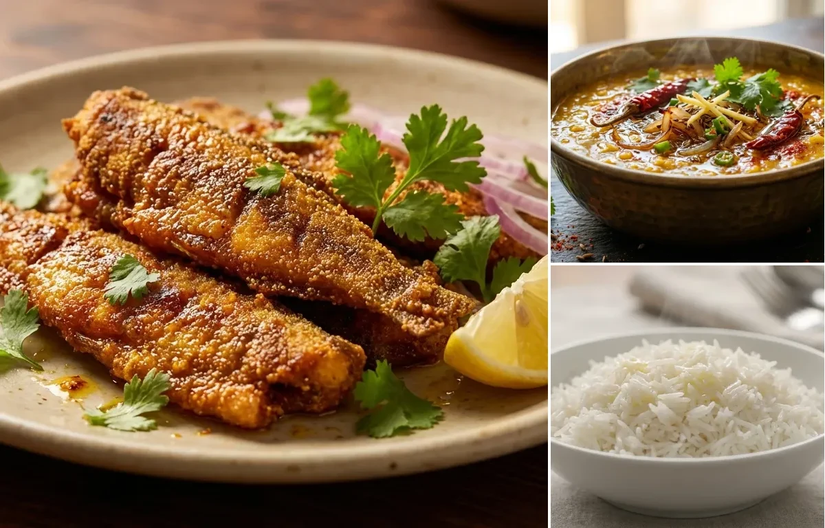 Bombil Fry with Dal Tadka and Steamed Basmati Rice