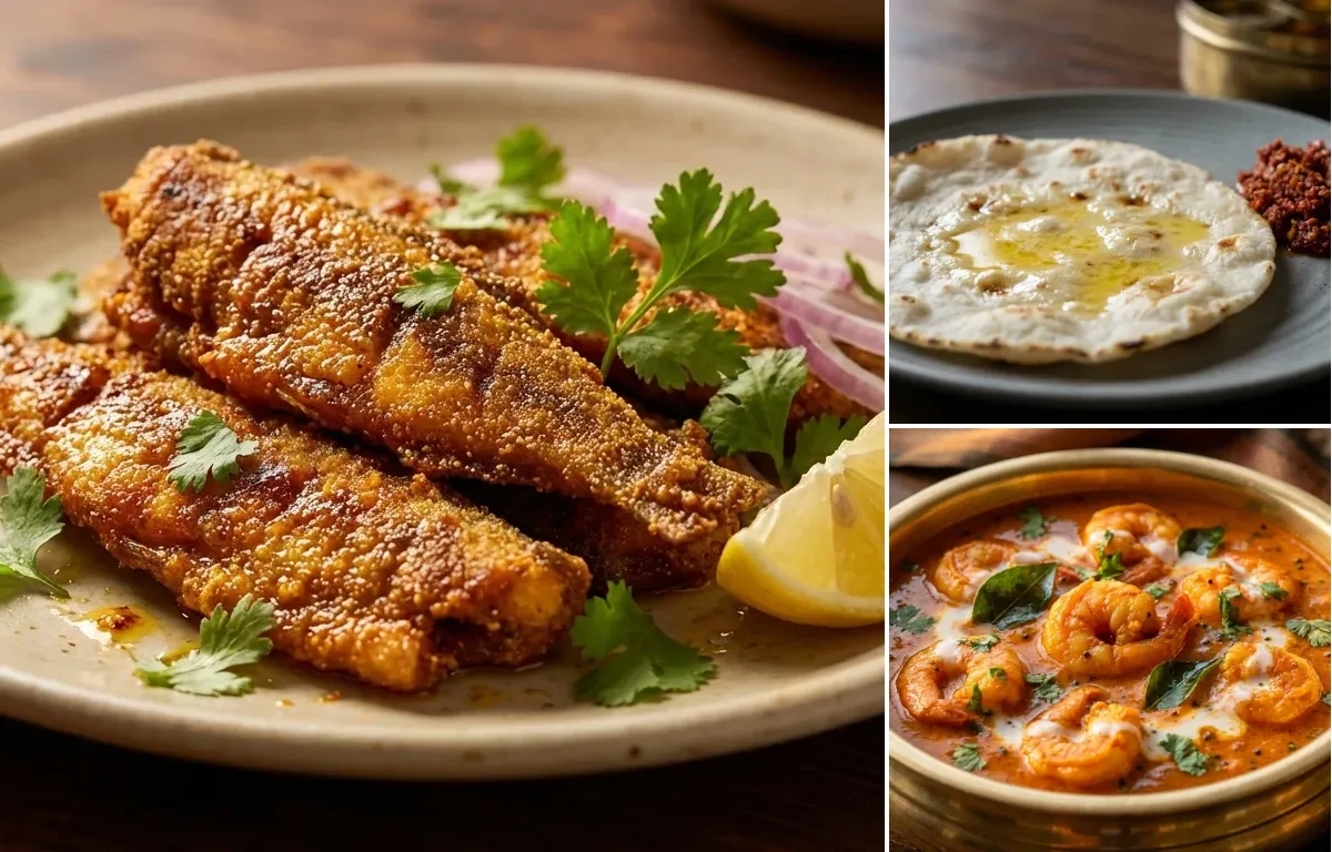 Bombil Fry with Tandlachi Bhakri and Coconut Prawn Curry