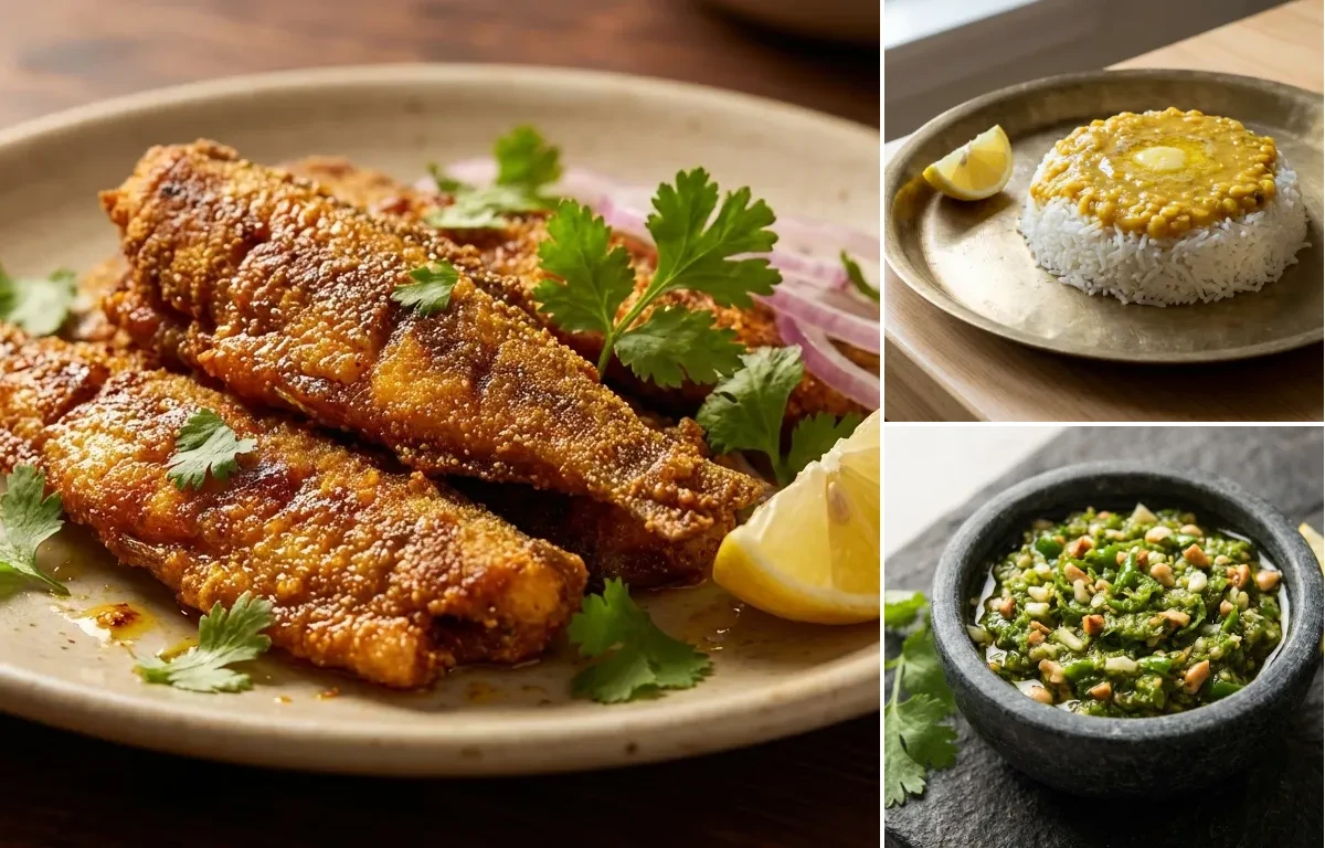 Bombil Fry with Varan Bhaat and Green Chili Thecha