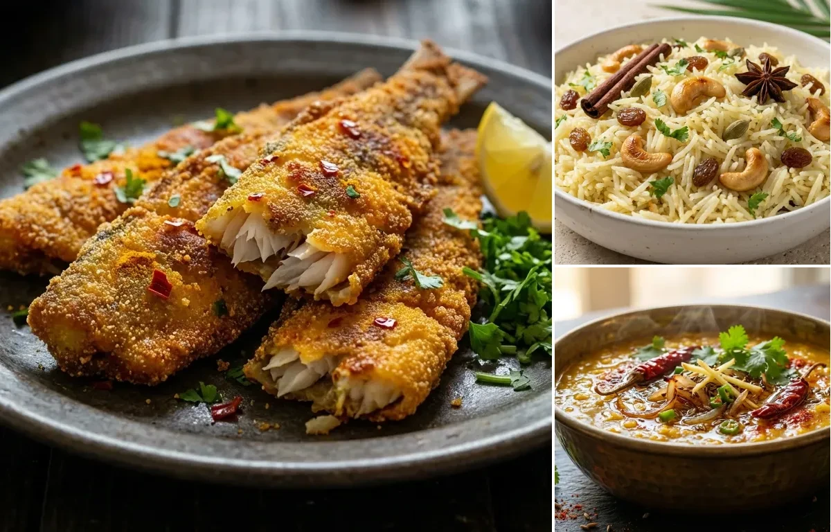 Bombil Rava Fry with Goan Coconut Rice and Dal Tadka