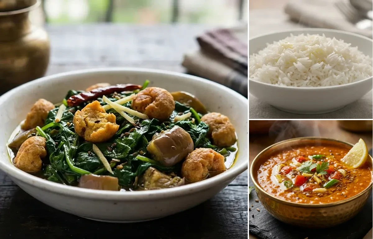 Bori Diye Palong Shaak with Steamed Basmati Rice and Masoor Dal Tadka