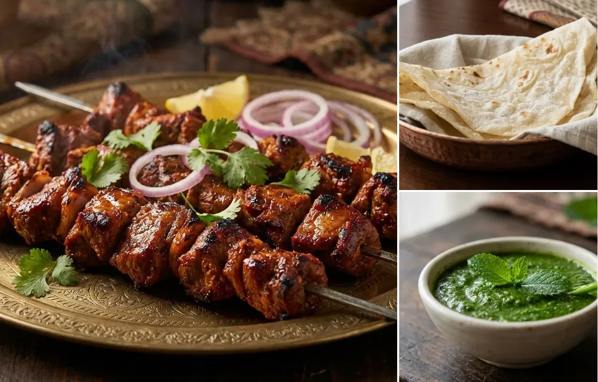 Boti Kebab with Roomali Roti and Mint Chutney
