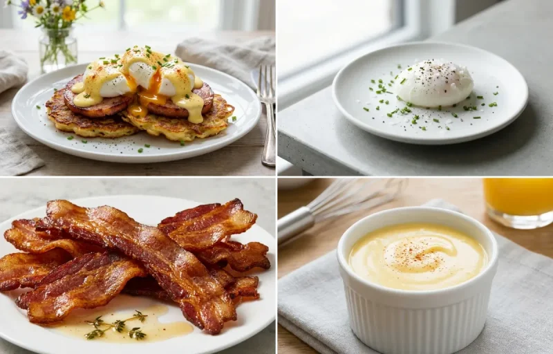 Boxty Benedict with Poached Eggs, Pan-Fried Bacon and Hollandaise Sauce