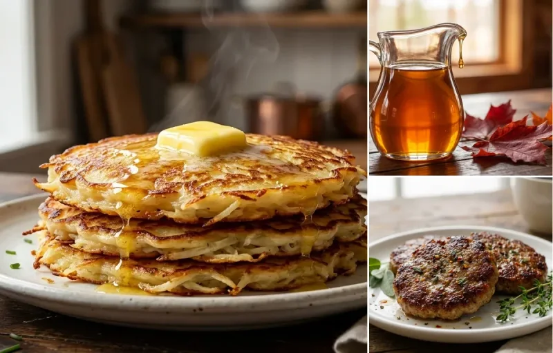 Boxty Pancakes with Maple Syrup and Breakfast Sausage Patties