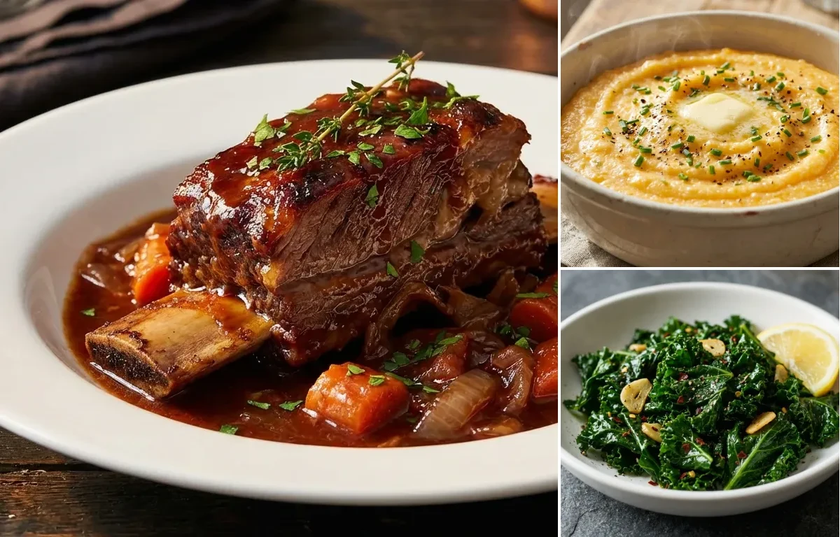 Braised Short Ribs with Cheese Grits and Sauteed Kale with Garlic