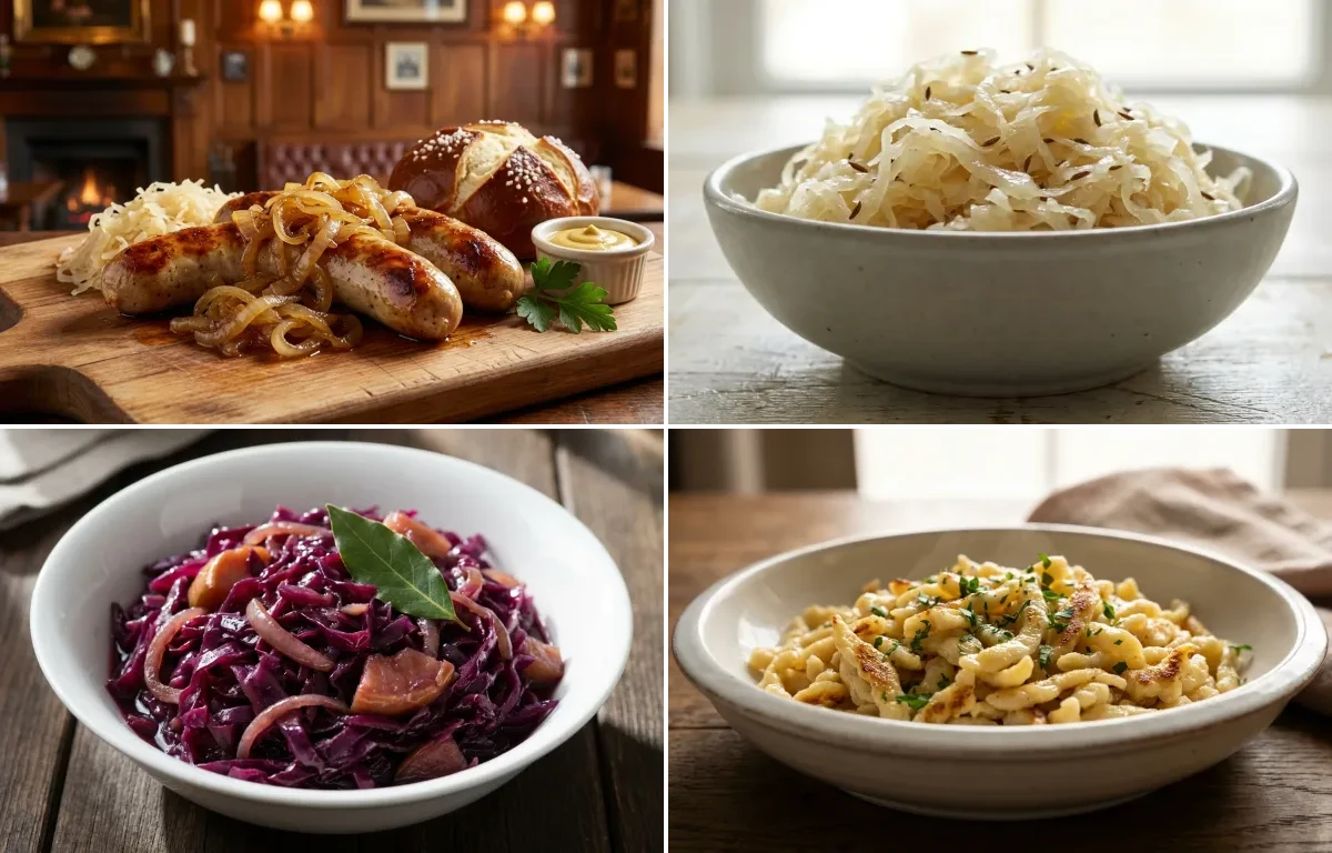 Bratwurst Platter with Sauerkraut, Sweet and Sour Red Cabbage, Spätzle and Yellow Mustard