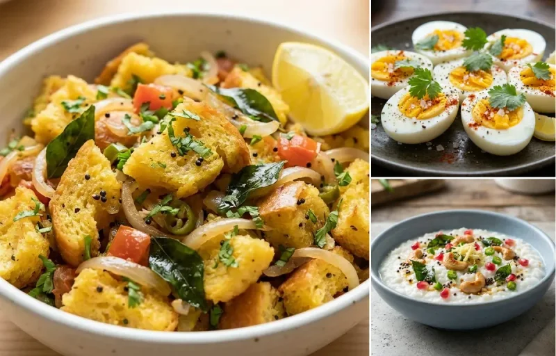 Bread Upma with Boiled Egg, Tomato Garlic Chutney, Orange Segments and Curd Rice Snack Bowl