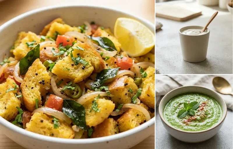 Bread Upma with Egg White Scramble, Cucumber Chaat, Plain Yogurt Cup and Mint Yogurt Chutney