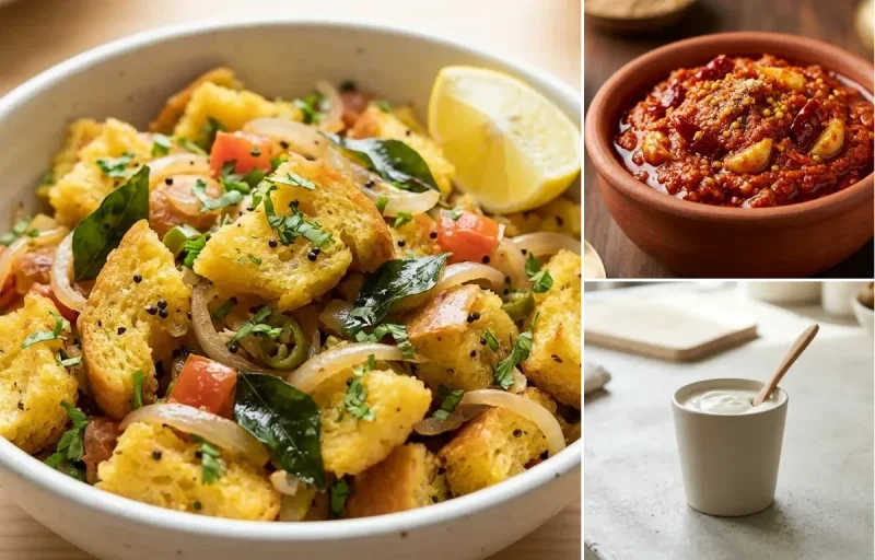 Bread Upma with Garlic Chutney and Plain Yogurt Cup
