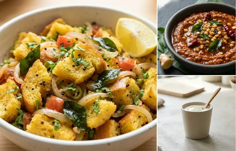 Bread Upma with Ginger Chutney, Yogurt With Fruit and Plain Yogurt Cup