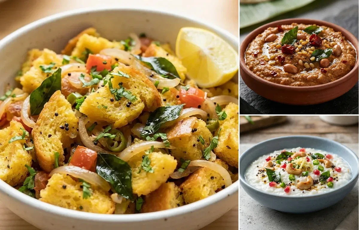 Bread Upma with Peanut Chutney and Curd Rice Snack Bowl