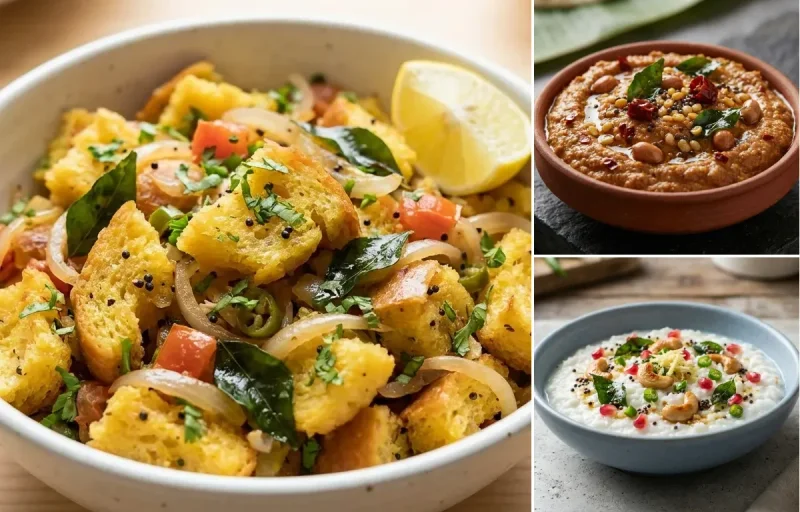 Bread Upma with Peanut Chutney and Curd Rice Snack Bowl