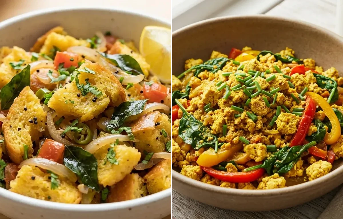 Bread Upma with Tofu Scramble and Mint Coriander Chutney No-Salt