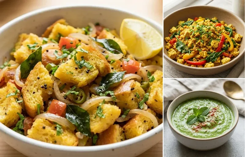 Bread Upma with Tofu Scramble and Mint Yogurt Chutney
